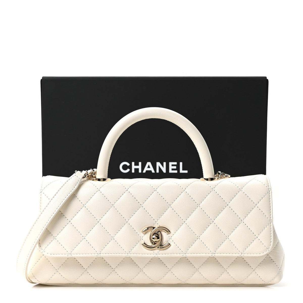 Caviar Quilted Maxi East West Coco Handle Flap White