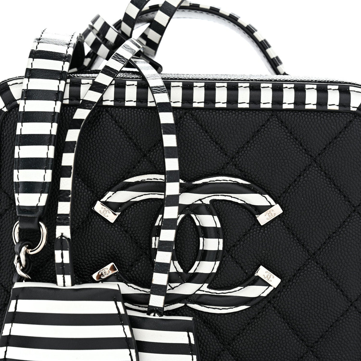 Caviar Quilted Striped Small CC Filigree Vanity Case Black White