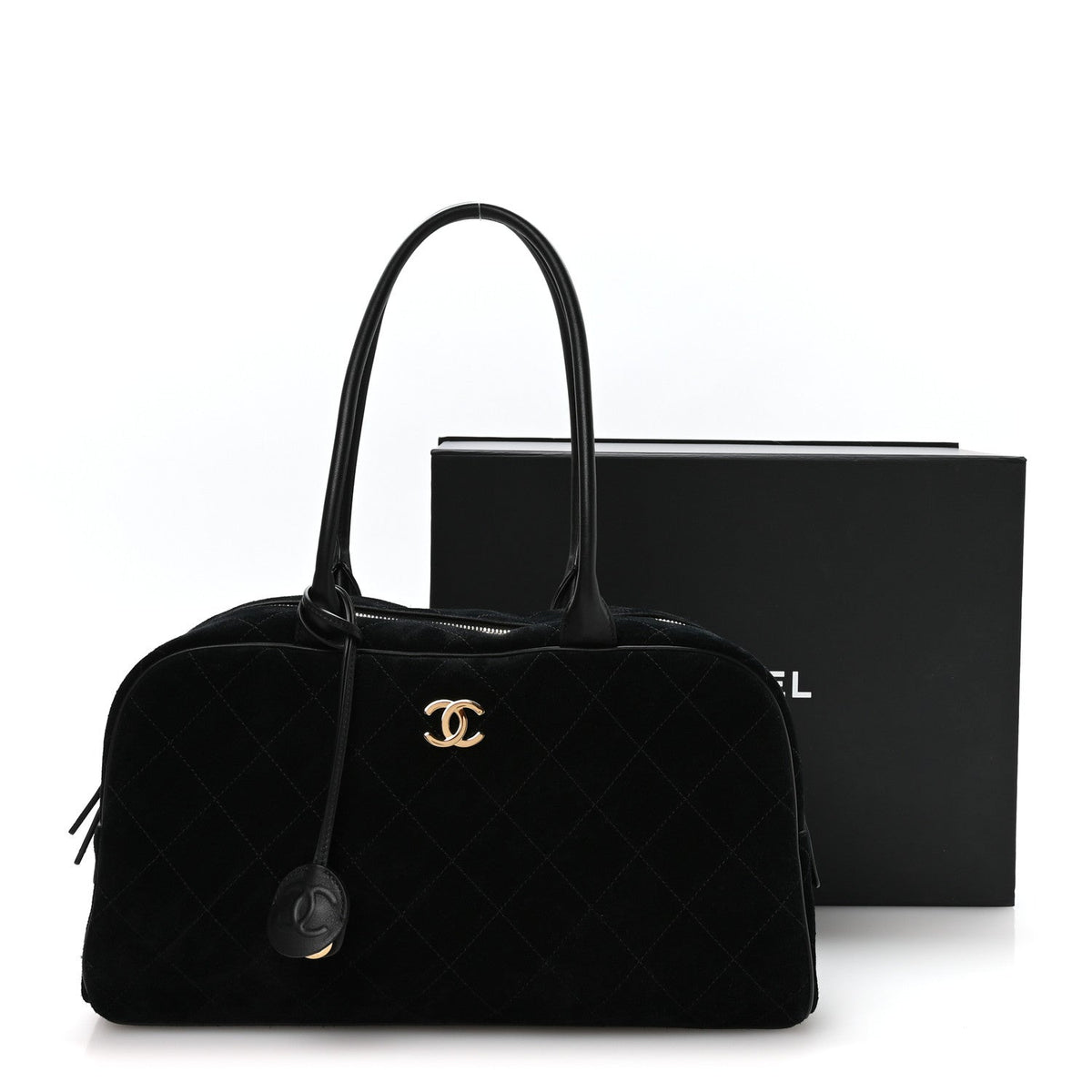 Suede Calfskin Large Perfect Bowling Bag Black