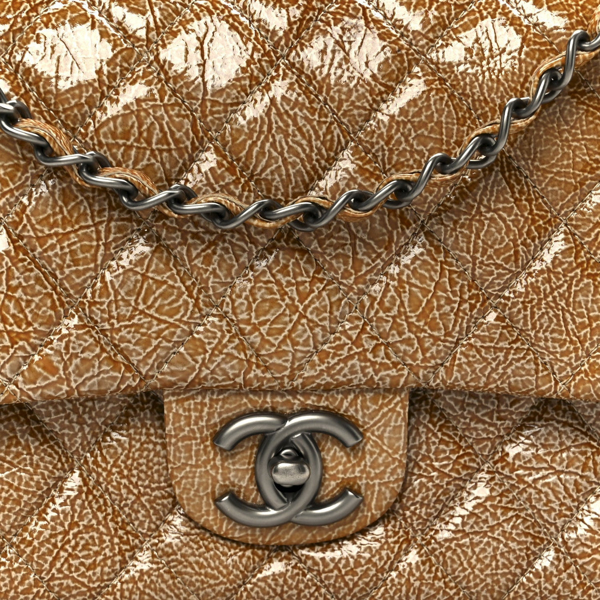 Crinkled Patent Quilted Medium Double Flap Beige