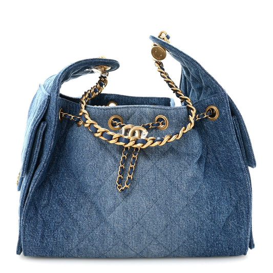 Washed Denim Quilted Small Chanel 25 Handbag Blue