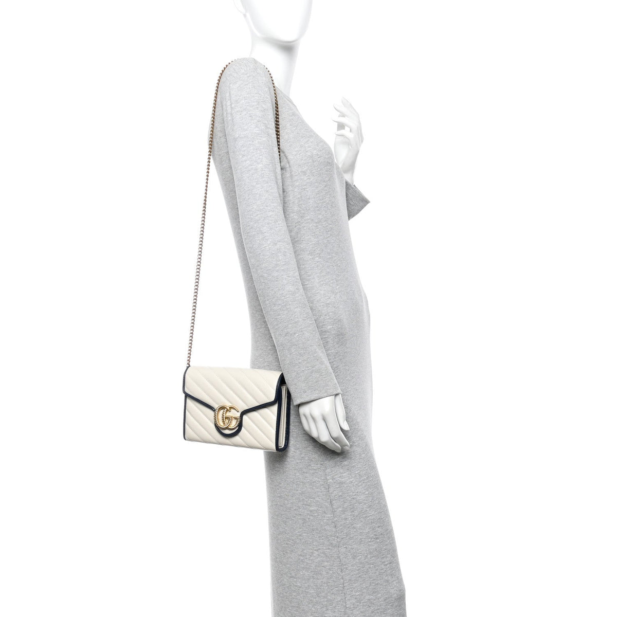 Vintage Effect Calfskin Matelasse Diagonal Torchon GG Marmont Chain Wallet Mystic White Blue Agata