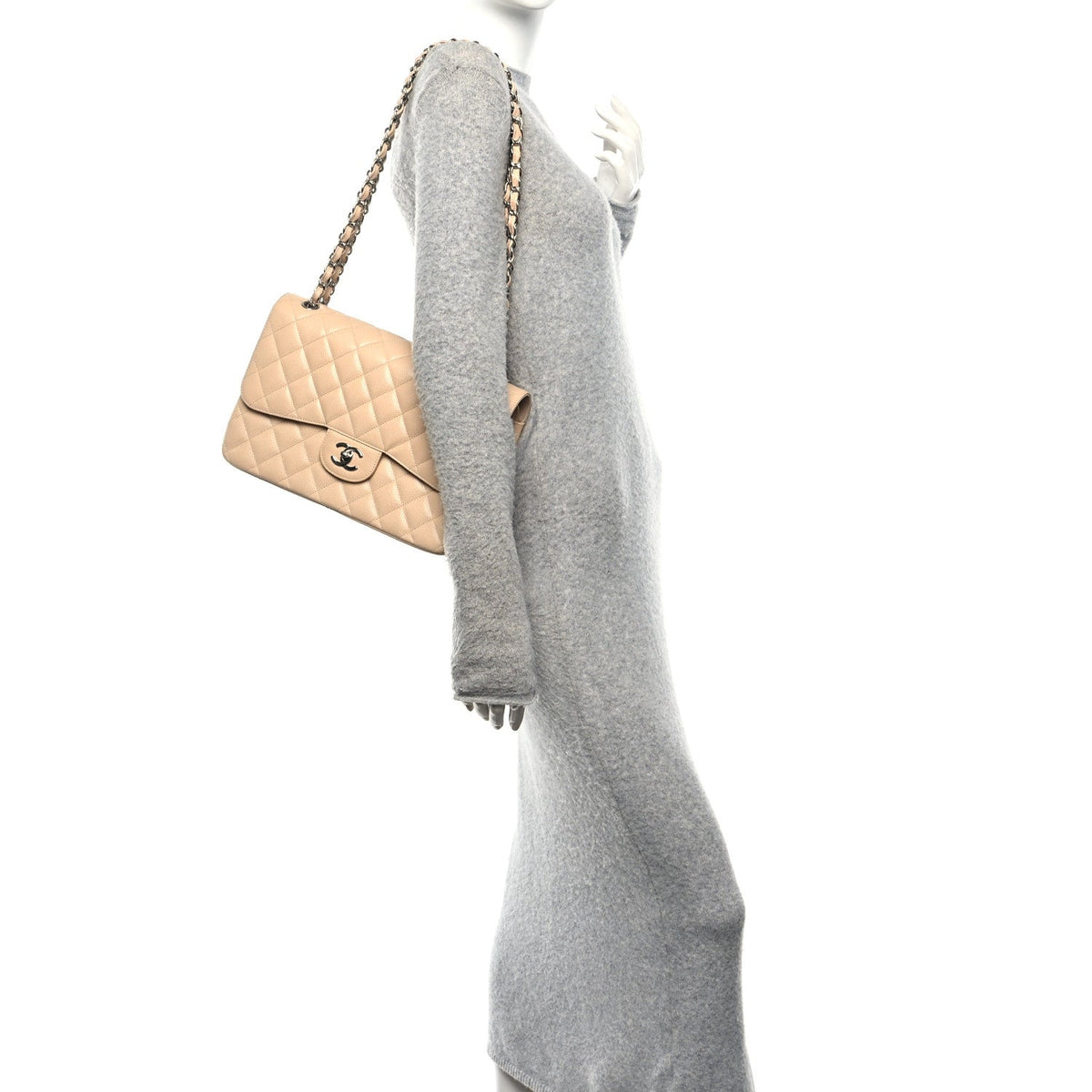 Caviar Quilted Jumbo Double Flap Beige