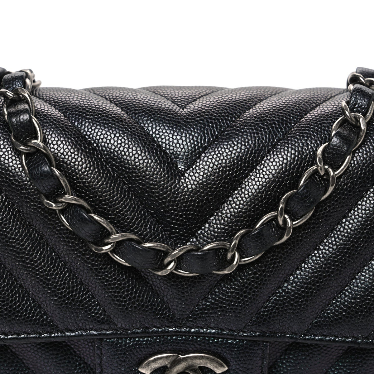 Metallic Caviar Chevron Quilted Mini Rectangular Flap Black