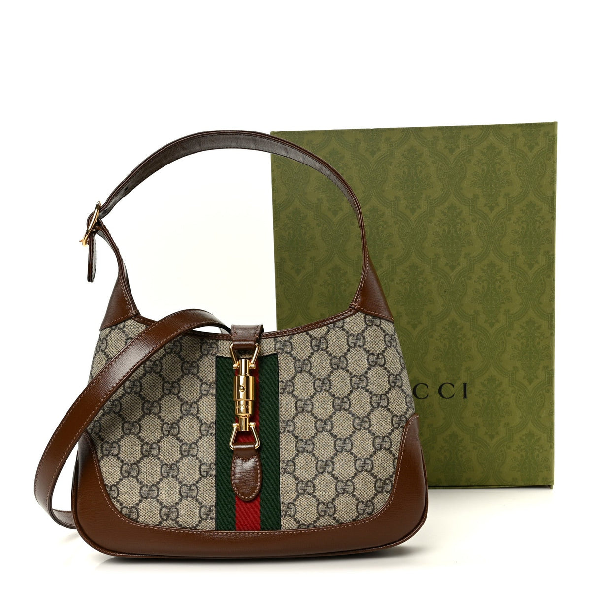 GG Supreme Monogram Azalea Calfskin Web Small Jackie 1961 Hobo Beige Ebony Brown Sugar