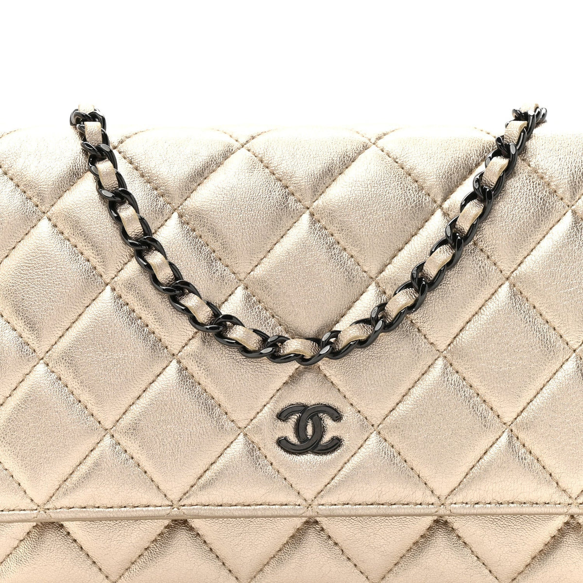 Metallic Lambskin Quilted Wallet On Chain WOC Gold Black