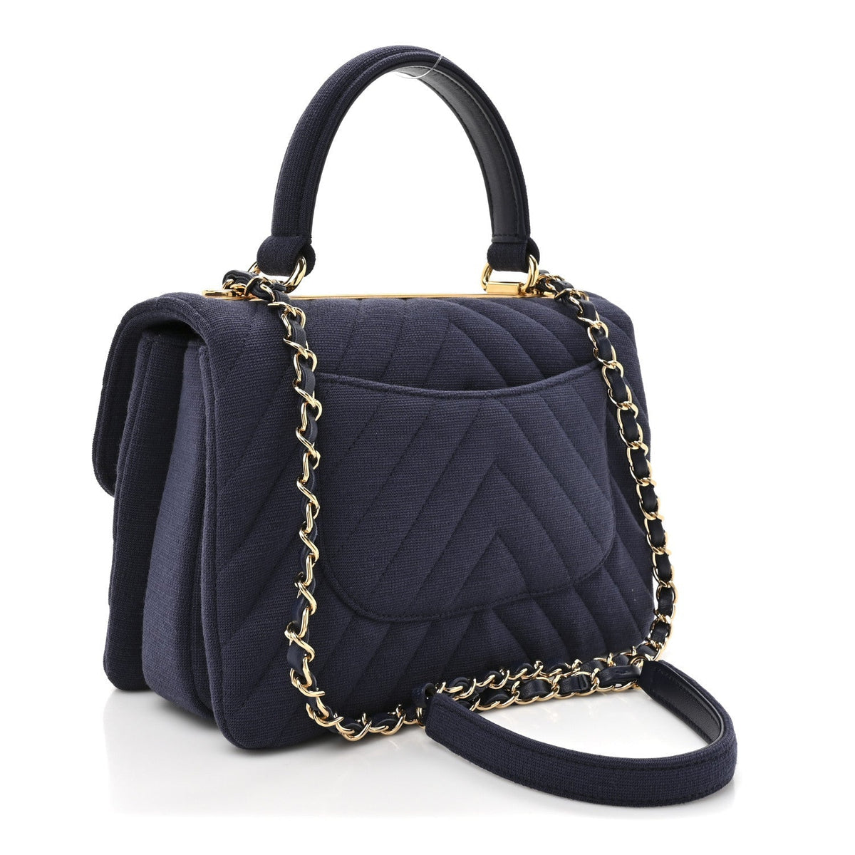 Jersey Chevron Quilted Small Trendy CC Dual Handle Flap Bag Navy Blue