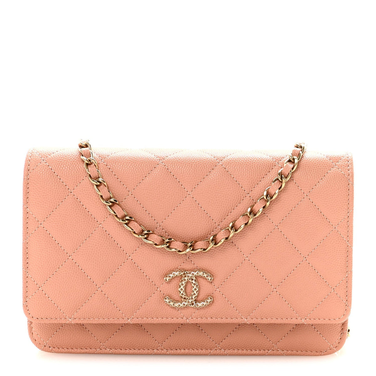 Caviar Quilted Perforated Metal CC Wallet On Chain WOC Beige
