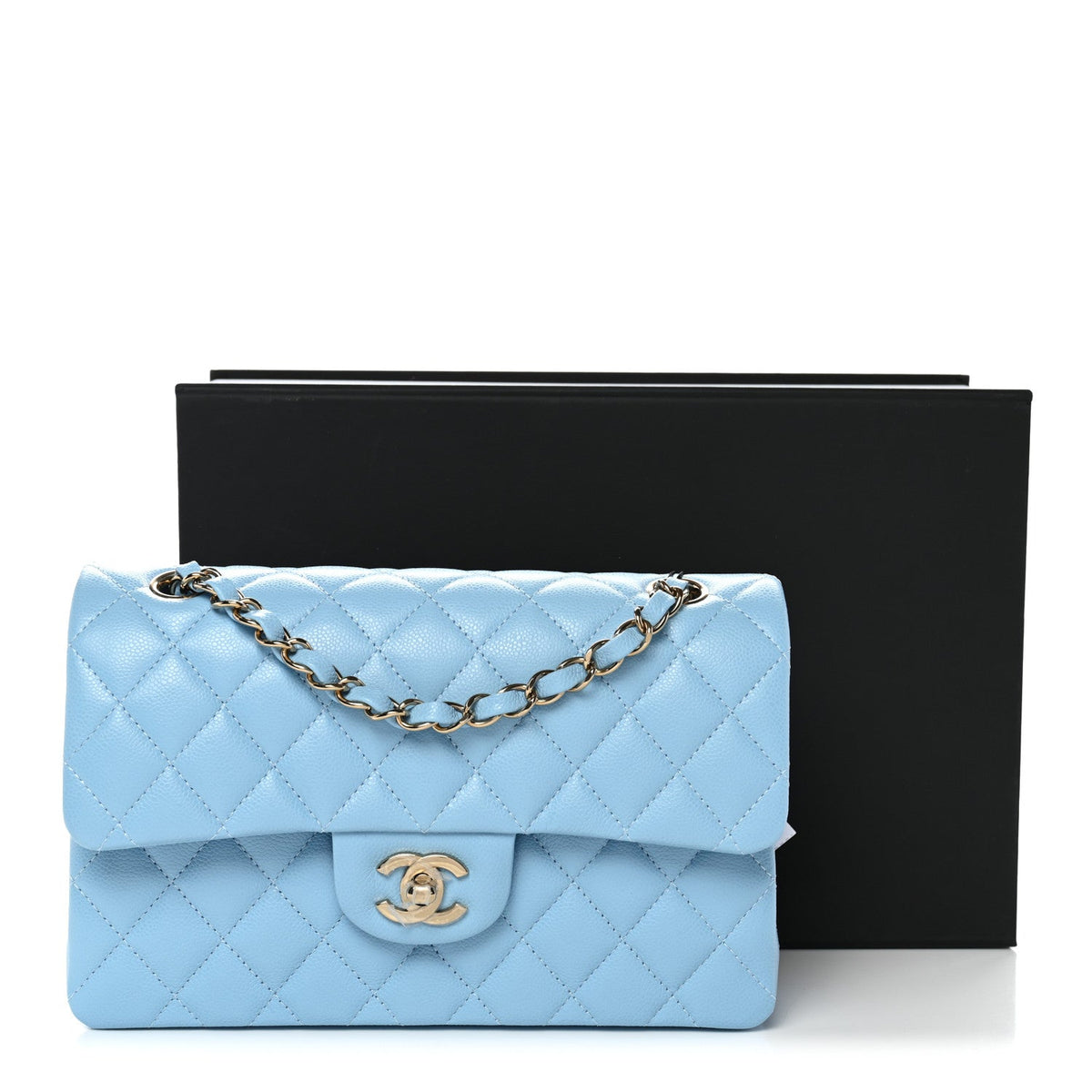 Caviar Quilted Small Double Flap Light Blue