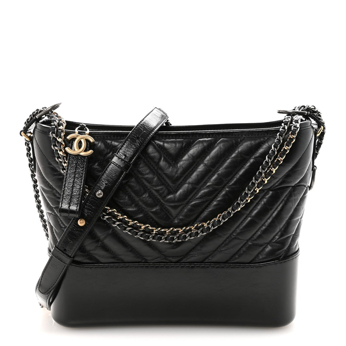 Aged Calfskin Chevron Quilted Medium Gabrielle Hobo Black