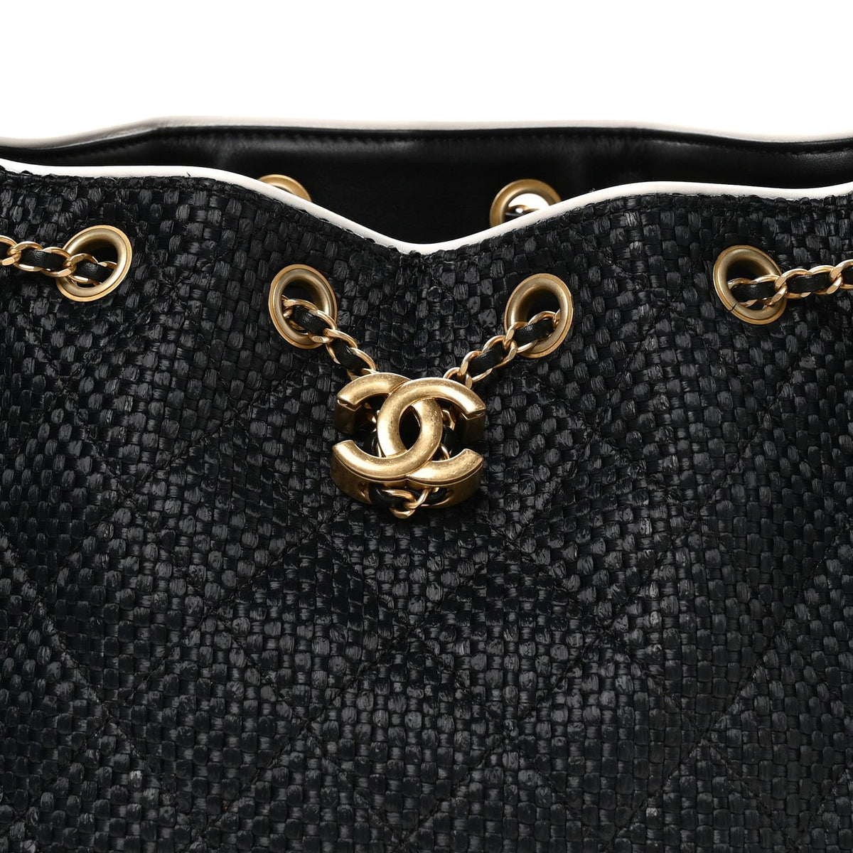 Braided Raffia Calfskin Small Chanel 25 Handbag Black White