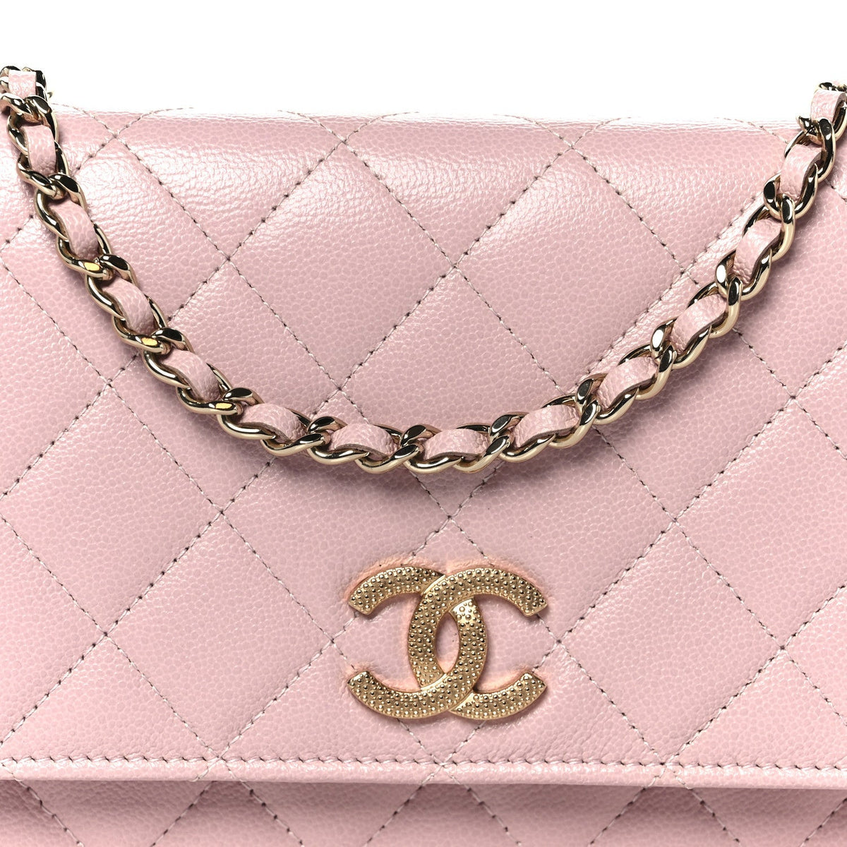 Caviar Quilted Studded CC Wallet on Chain WOC Light Pink