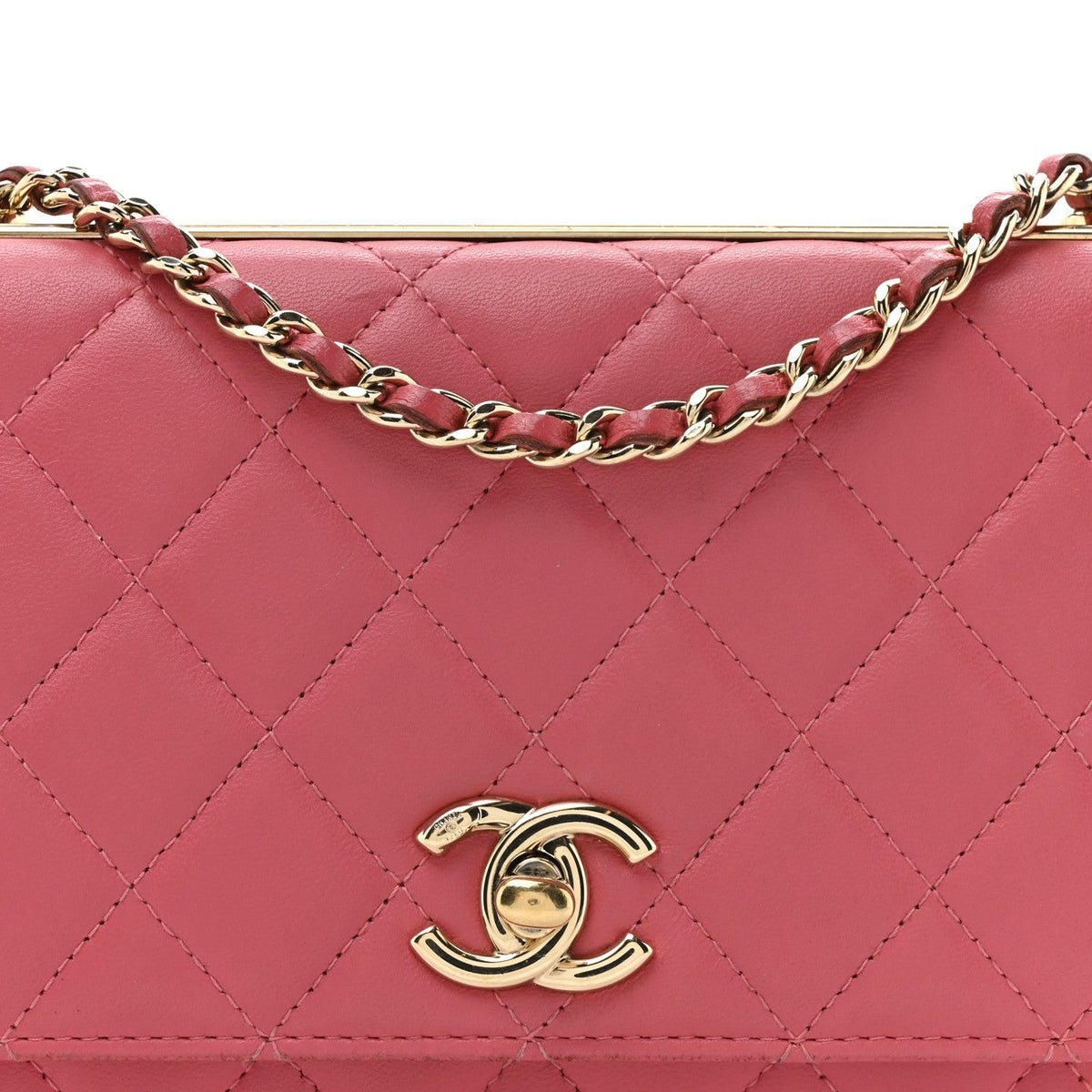 Lambskin Quilted Trendy CC Wallet On Chain WOC Bright Pink