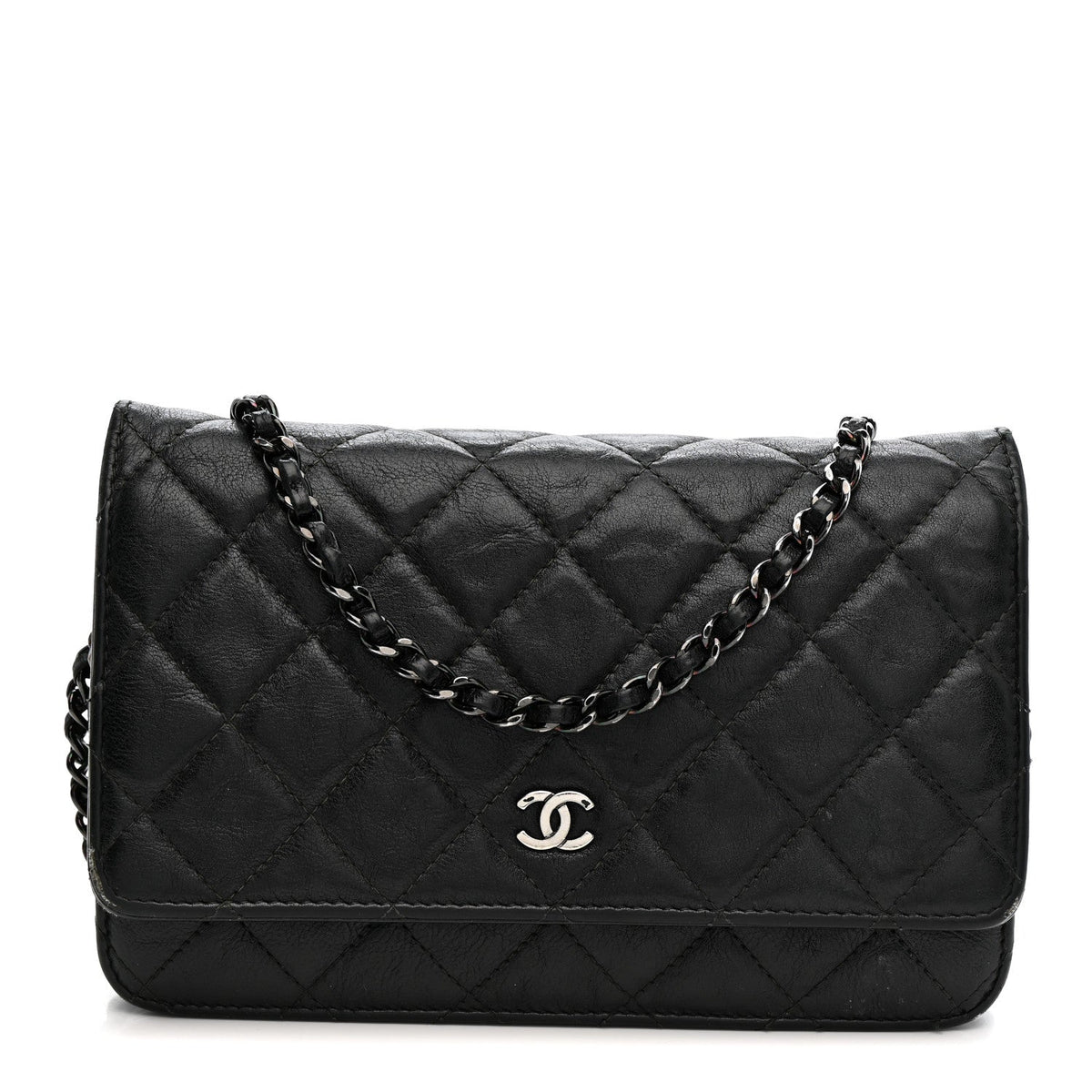 Crumpled Calfskin Quilted Wallet On Chain WOC So Black