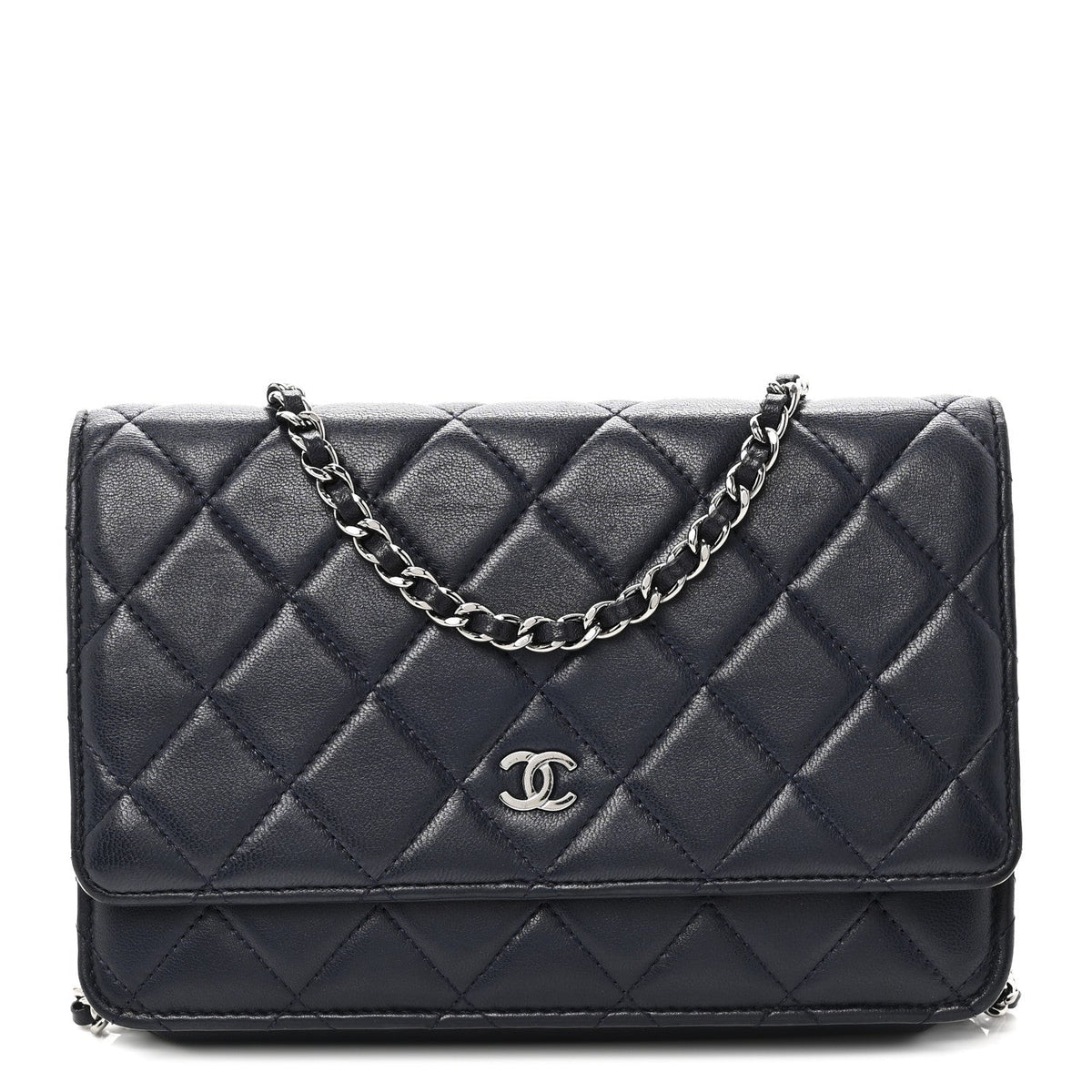 Lambskin Quilted Wallet On Chain WOC Navy Blue