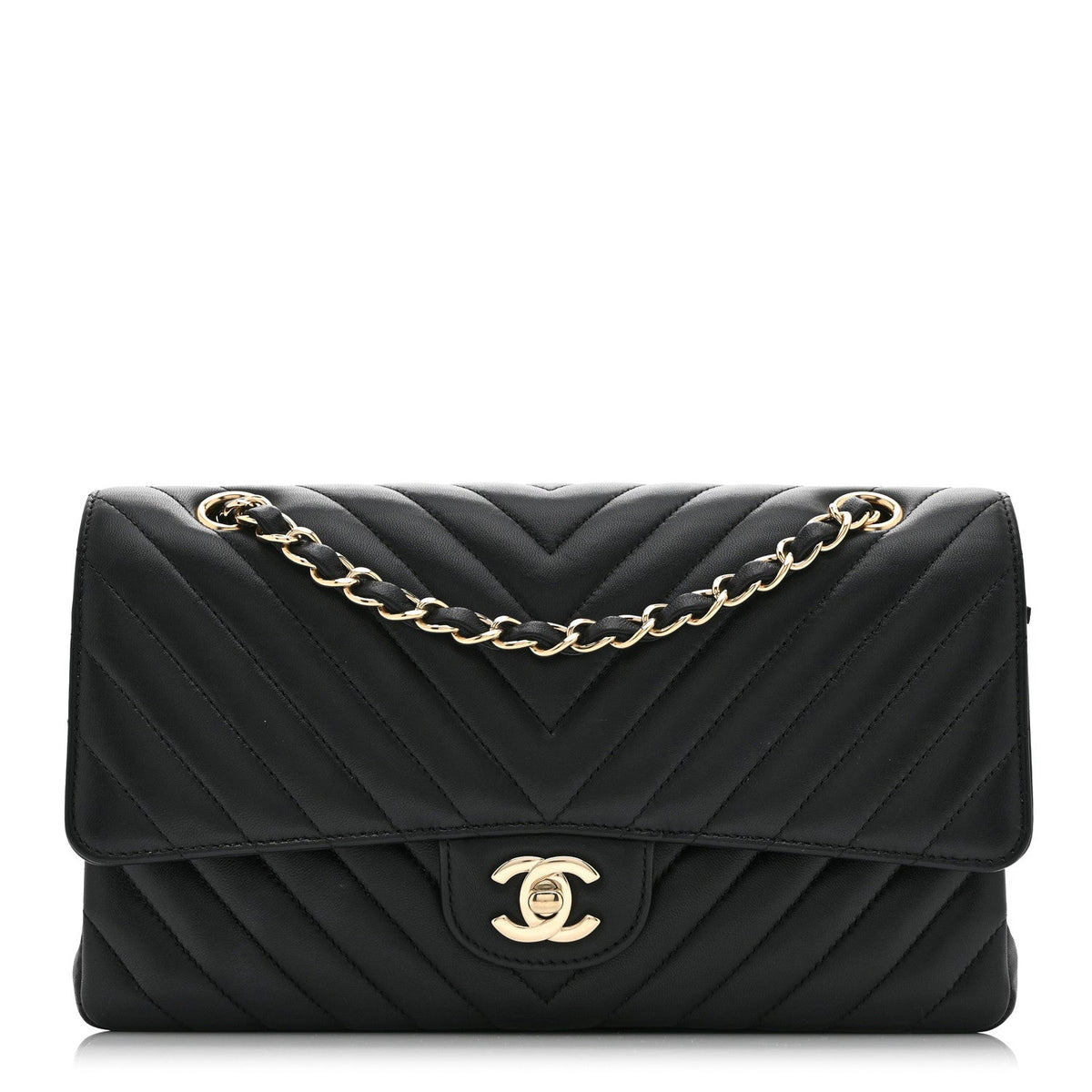 Lambskin Chevron Quilted Medium Double Flap Black