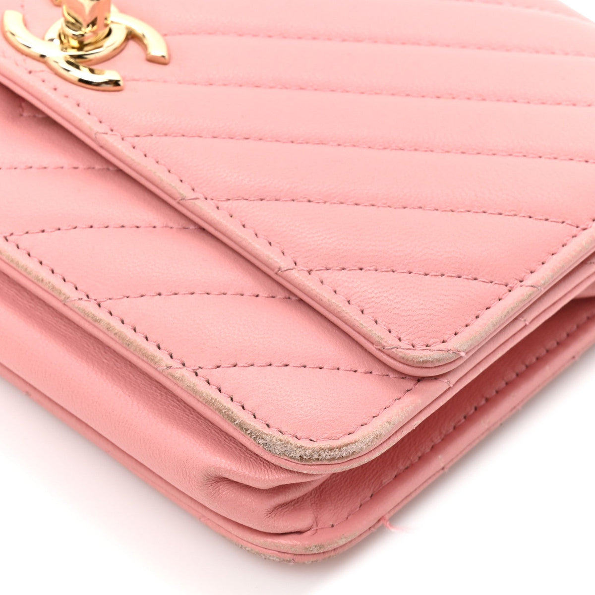 Lambskin Chevron Quilted Trendy CC Wallet On Chain WOC Pink