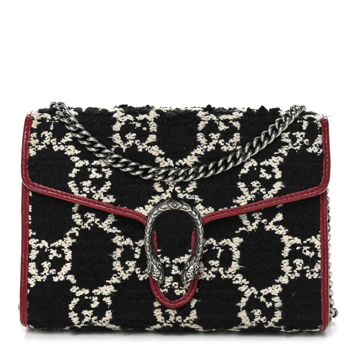 Tweed GG Monogram Mini Dionysus Chain Wallet Black White Romantic Cherry