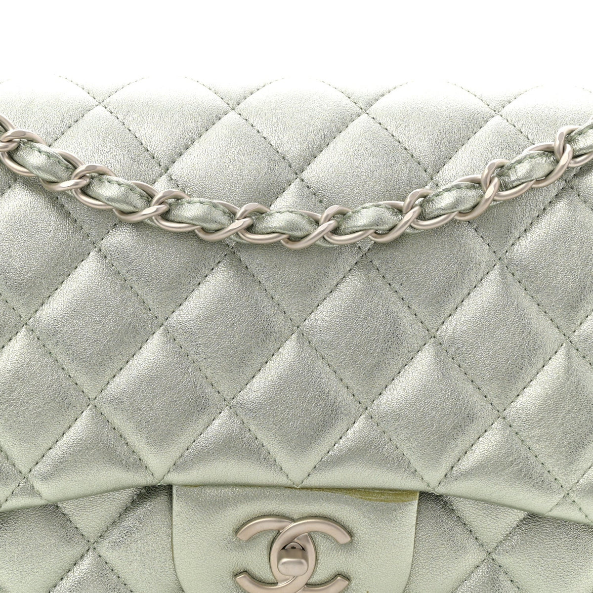 Metallic Lambskin Quilted Jumbo Double Flap Green
