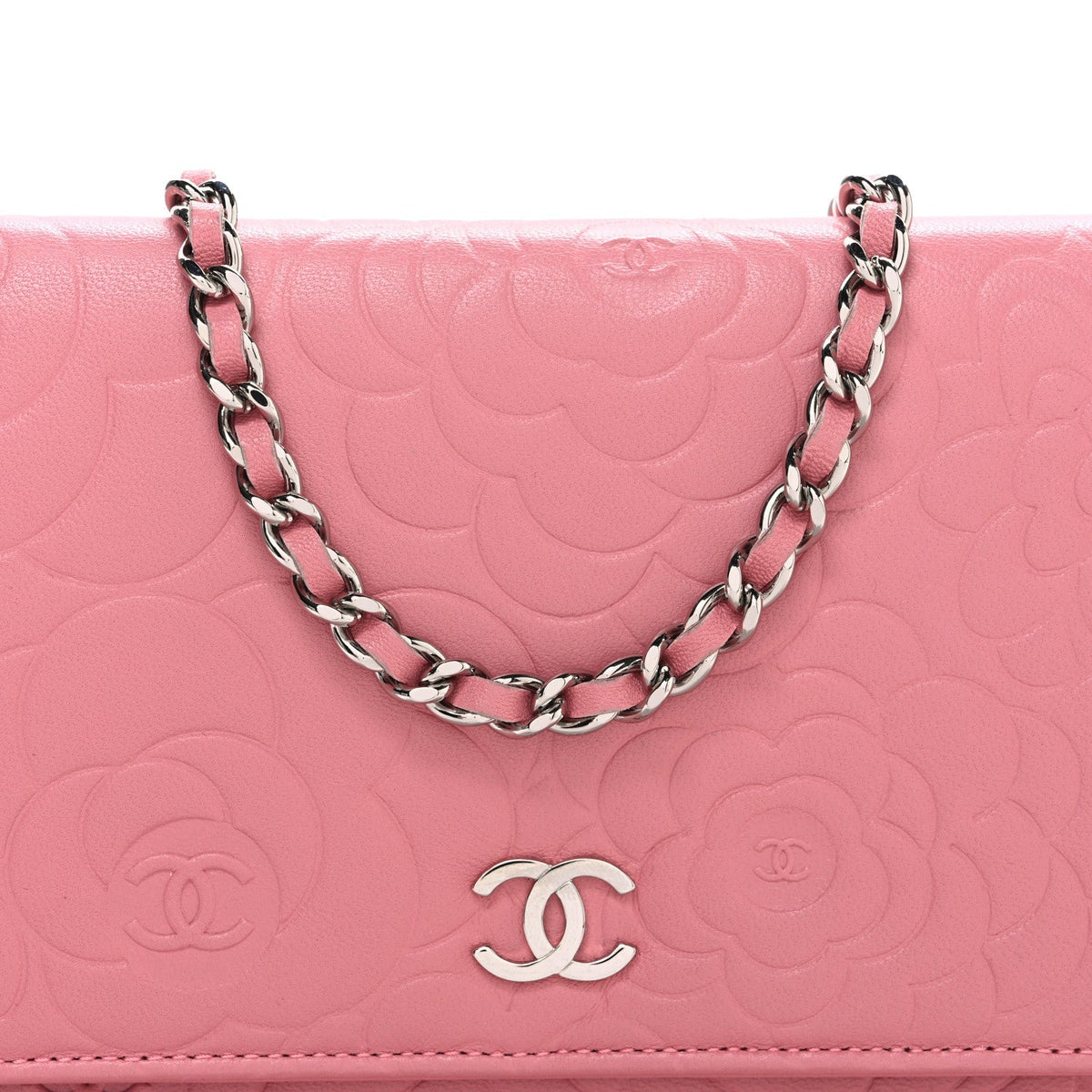 Lambskin Camellia Embossed Wallet on Chain WOC Pink