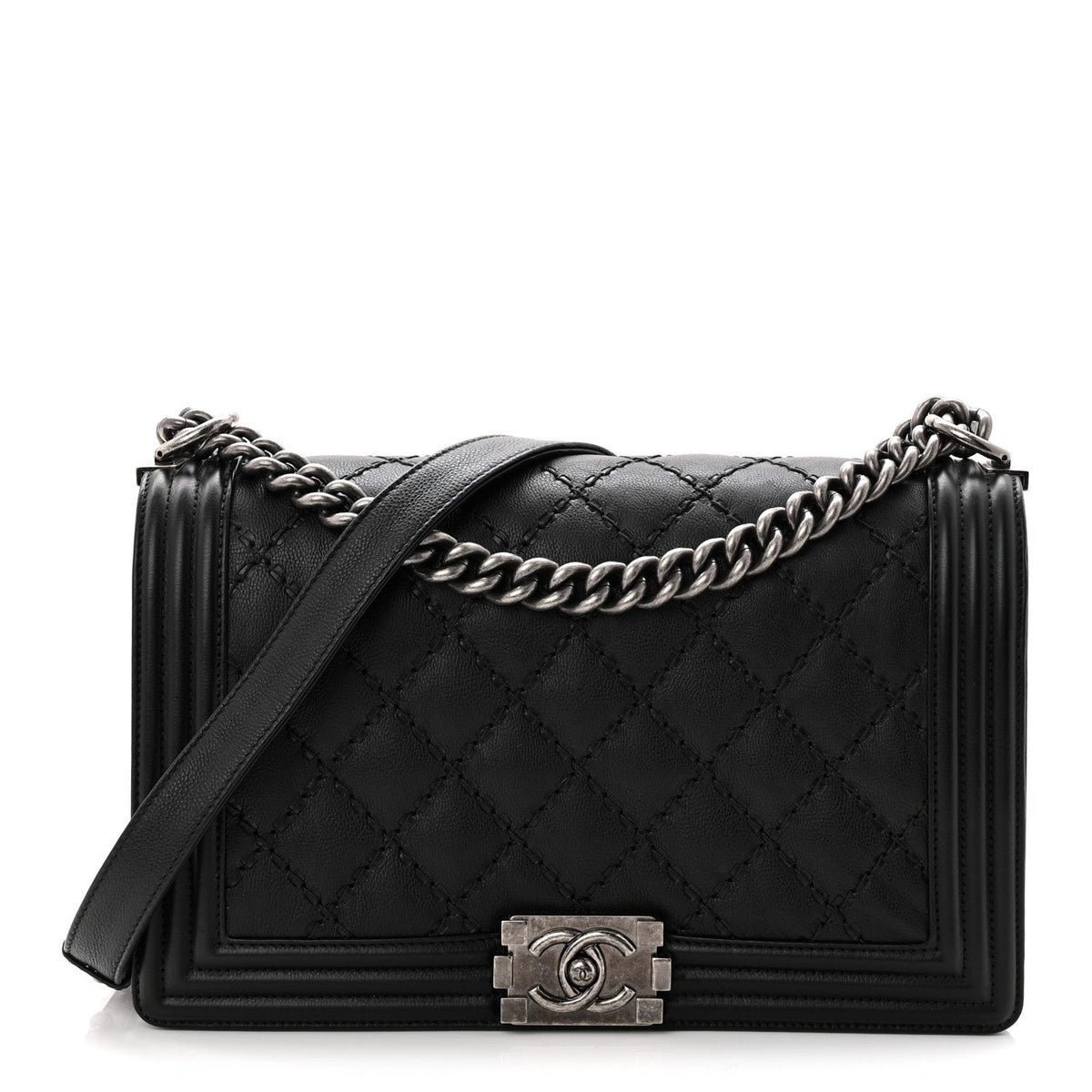 Calfskin Quilted Double Stitched New Medium Boy Flap Black