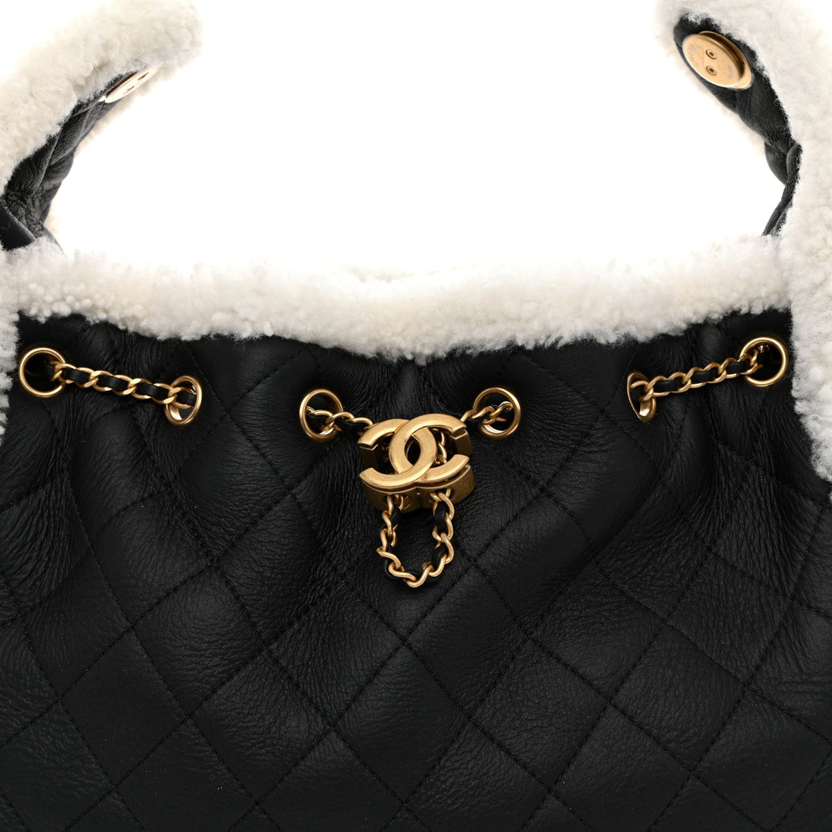 Crumpled Sheepskin Shearling Quilted Small Chanel 25 Handbag Black White