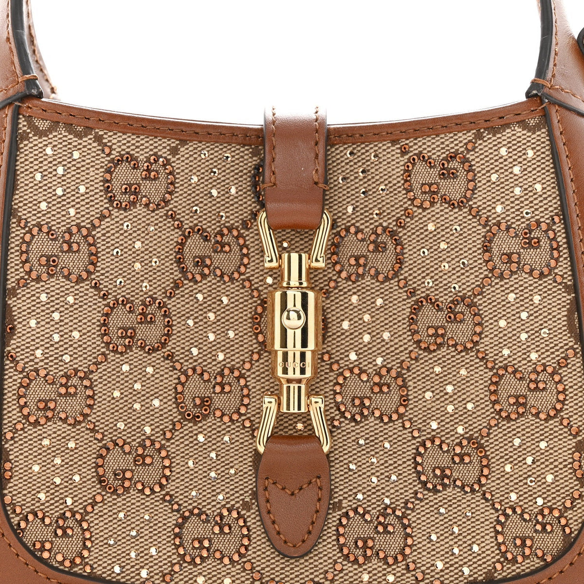 New Canvas Charisma Calfskin Crystal GG Monogram Mini Jackie 1961 Hobo Camel Ebony
