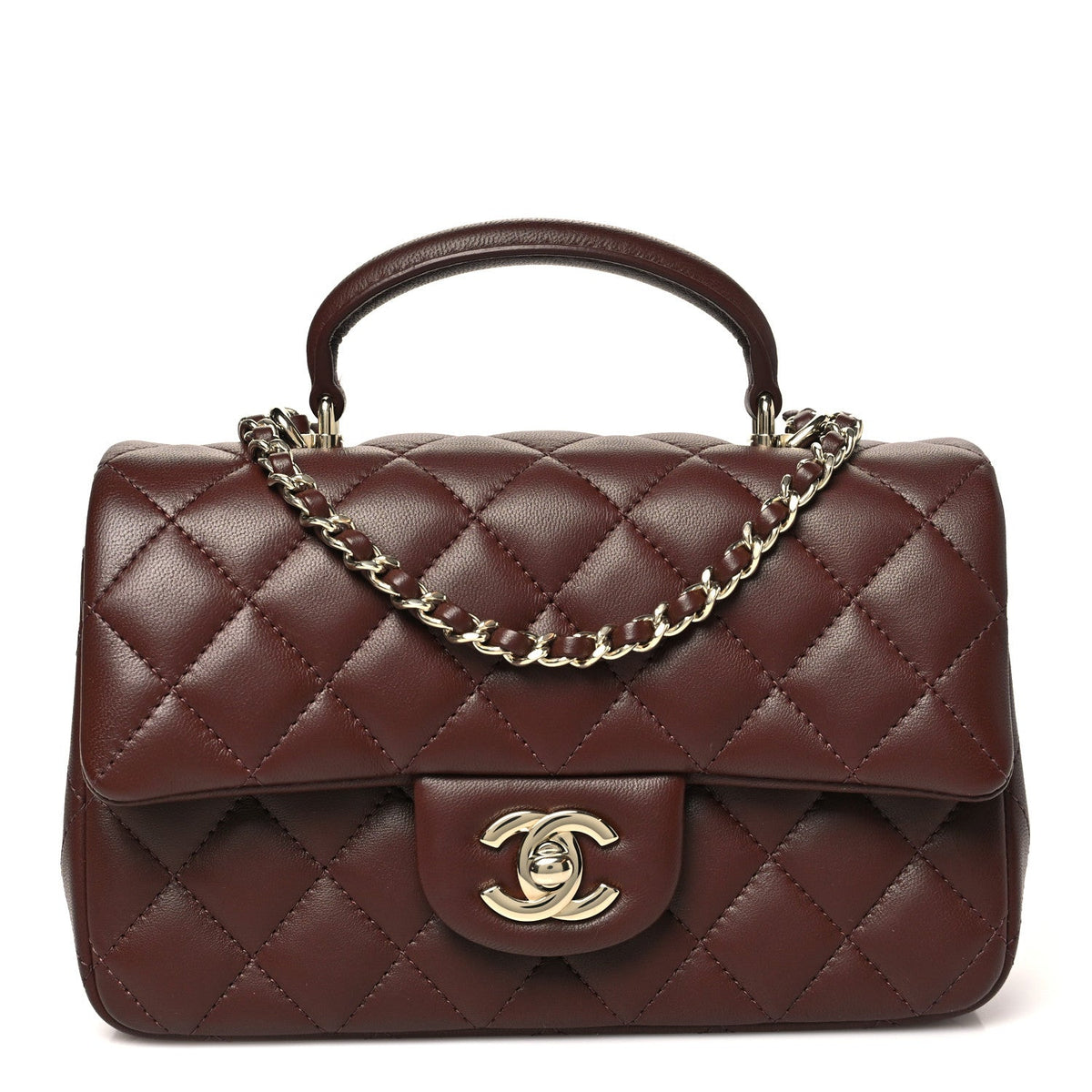Lambskin Quilted Mini Top Handle Rectangular Flap Dark Brown