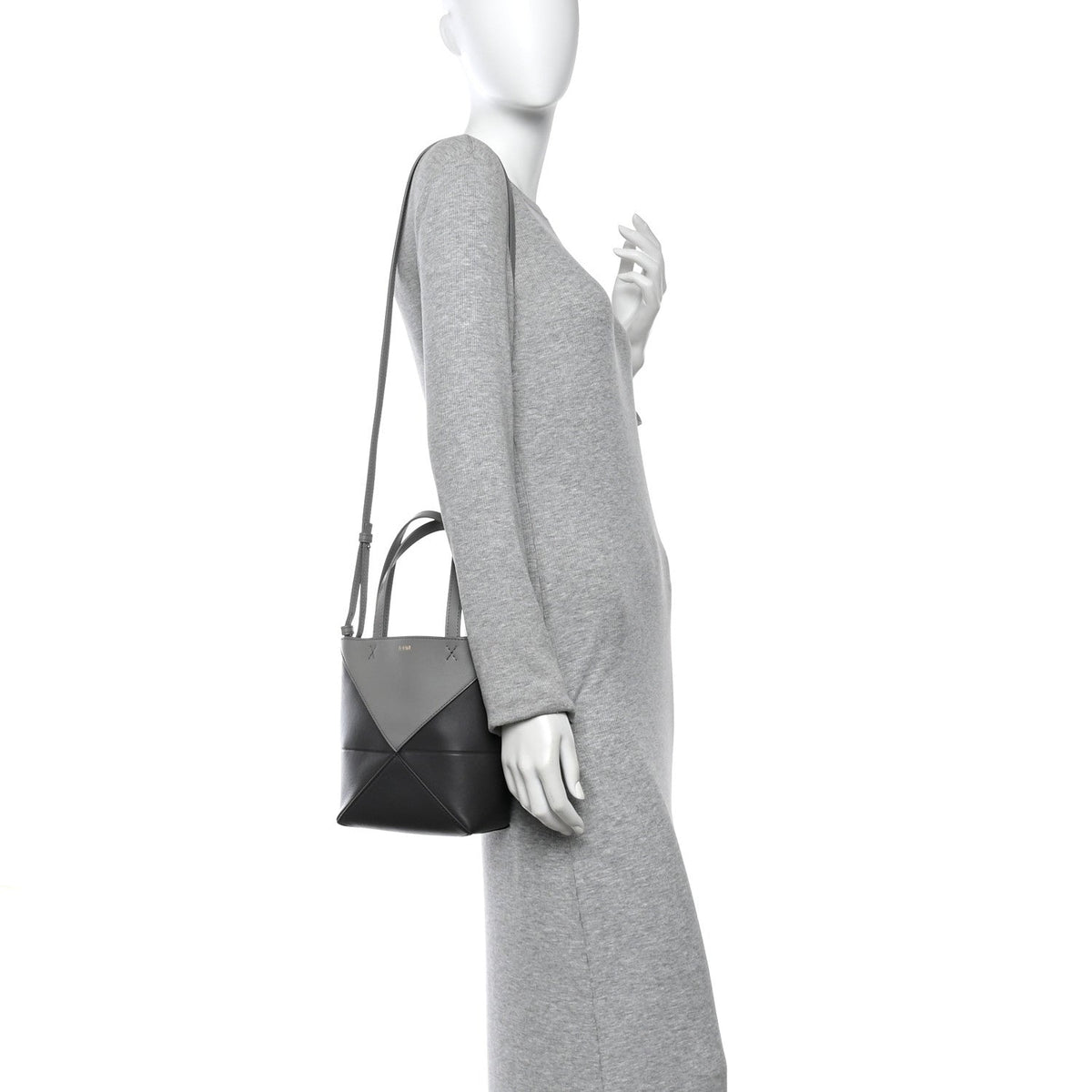 Shiny Calfskin Mini Puzzle Fold Tote Pearl Grey Dark Grey