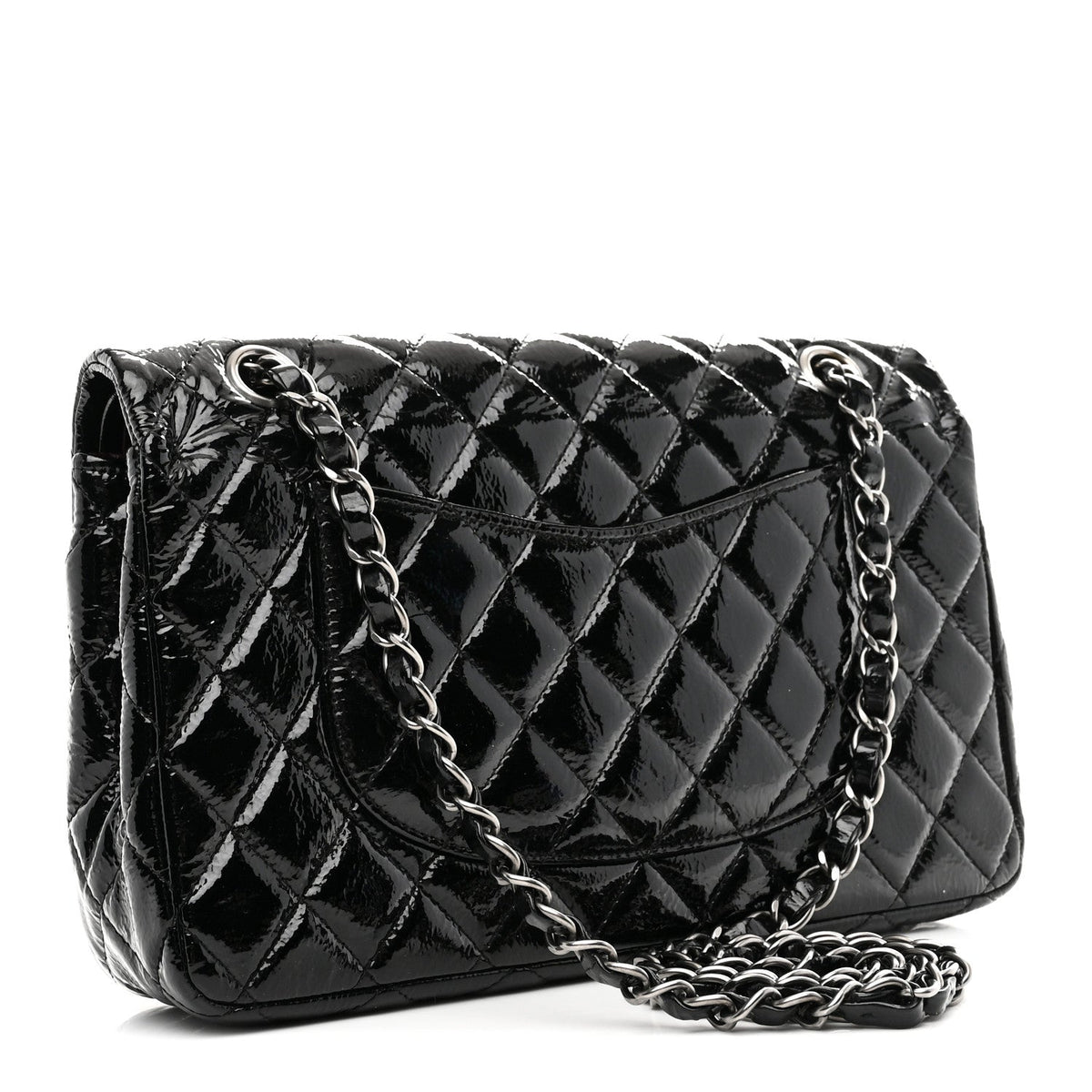 Distressed Patent Quilted Medium Double Flap Black