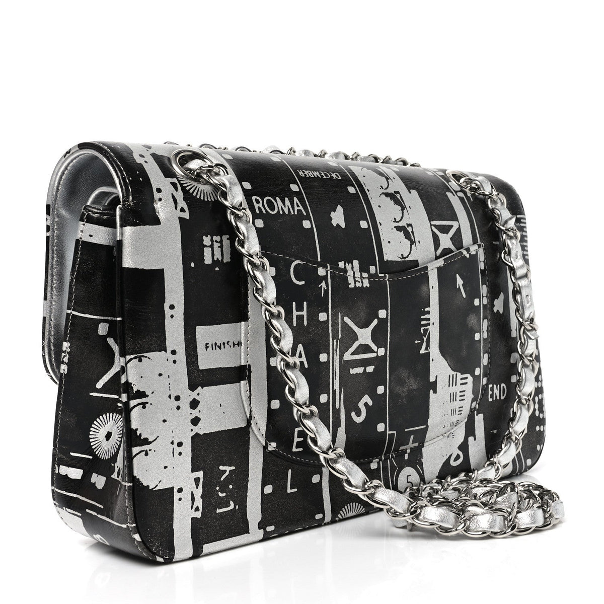 Lambskin Graffiti Printed Medium Double Flap Black Silver