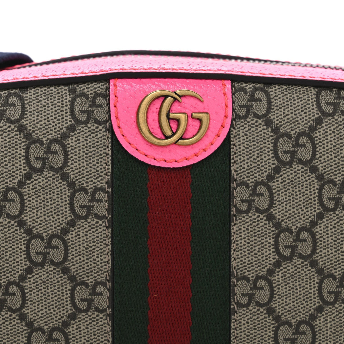 GG Supreme Monogram Textured Dollar Calfskin Web Ophidia Small Crossbody Bag Beige Ebony Fuchsia