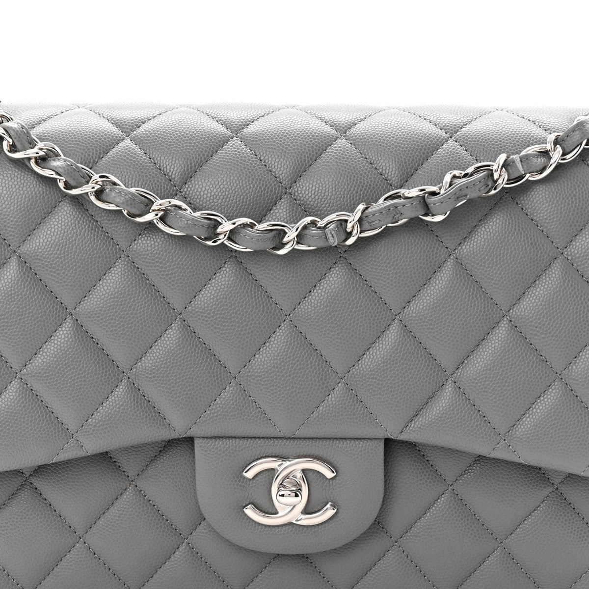 Caviar Quilted Jumbo Double Flap Grey