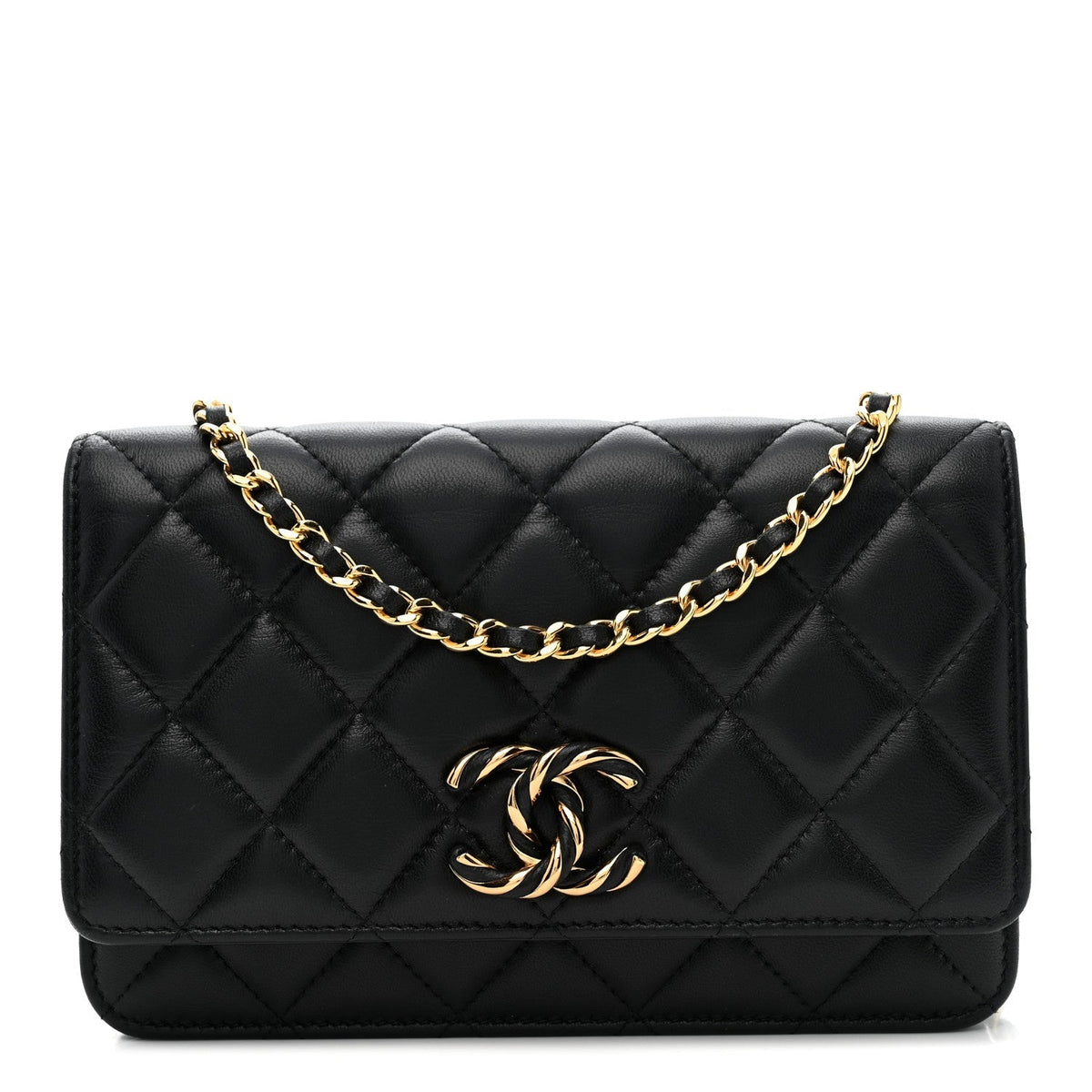 Lambskin Quilted Twisted CC Wallet On Chain WOC Black