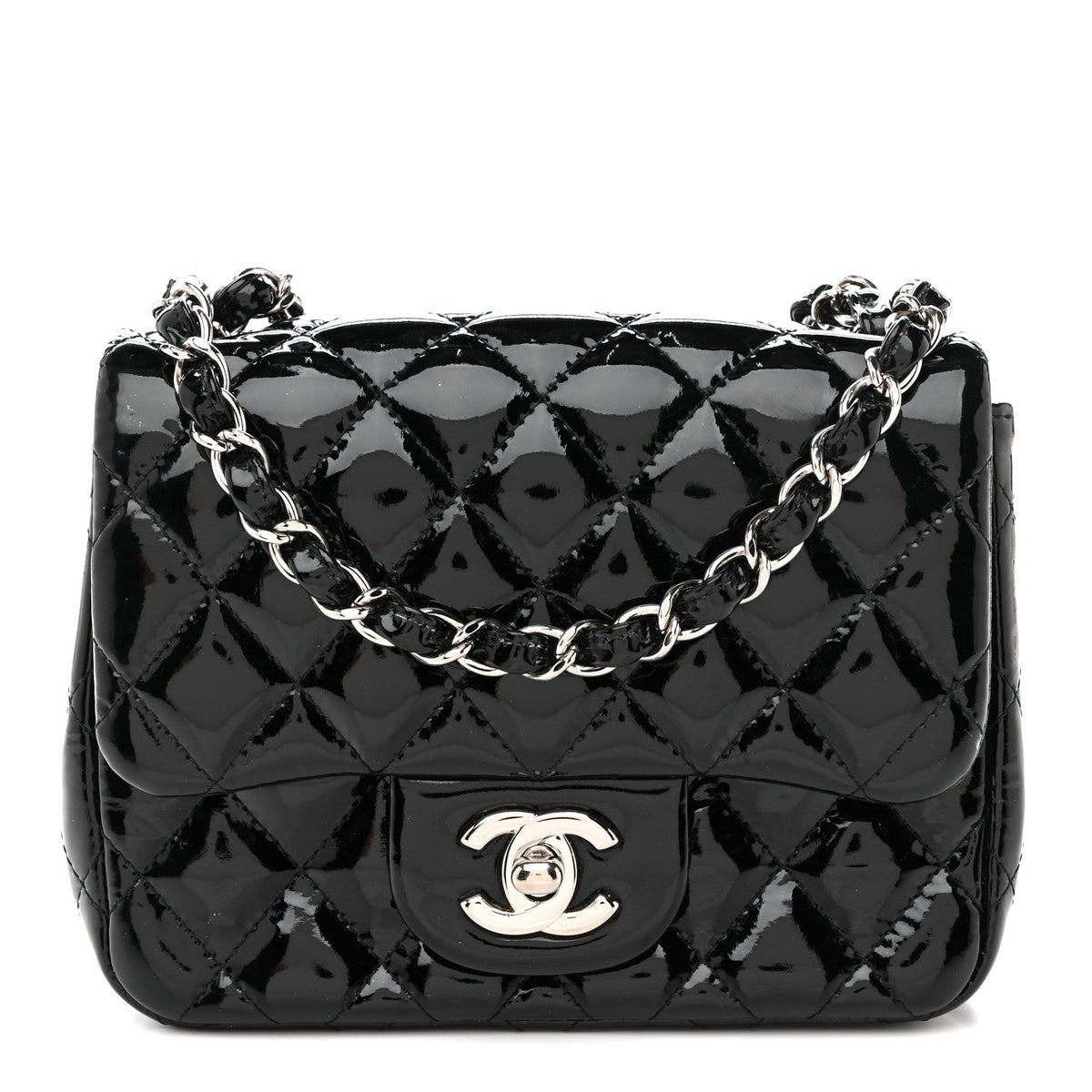 Patent Calfskin Quilted Mini Square Flap Black