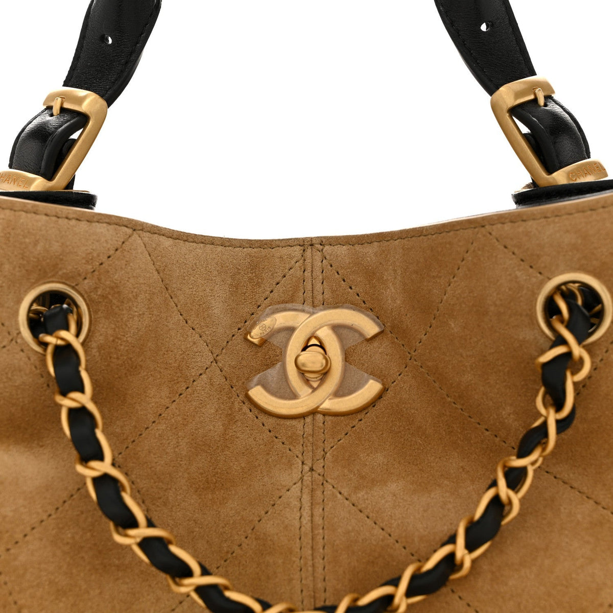 Suede Calfskin Shiny Lambskin Quilted Coco Base Shopping Bag Beige Black