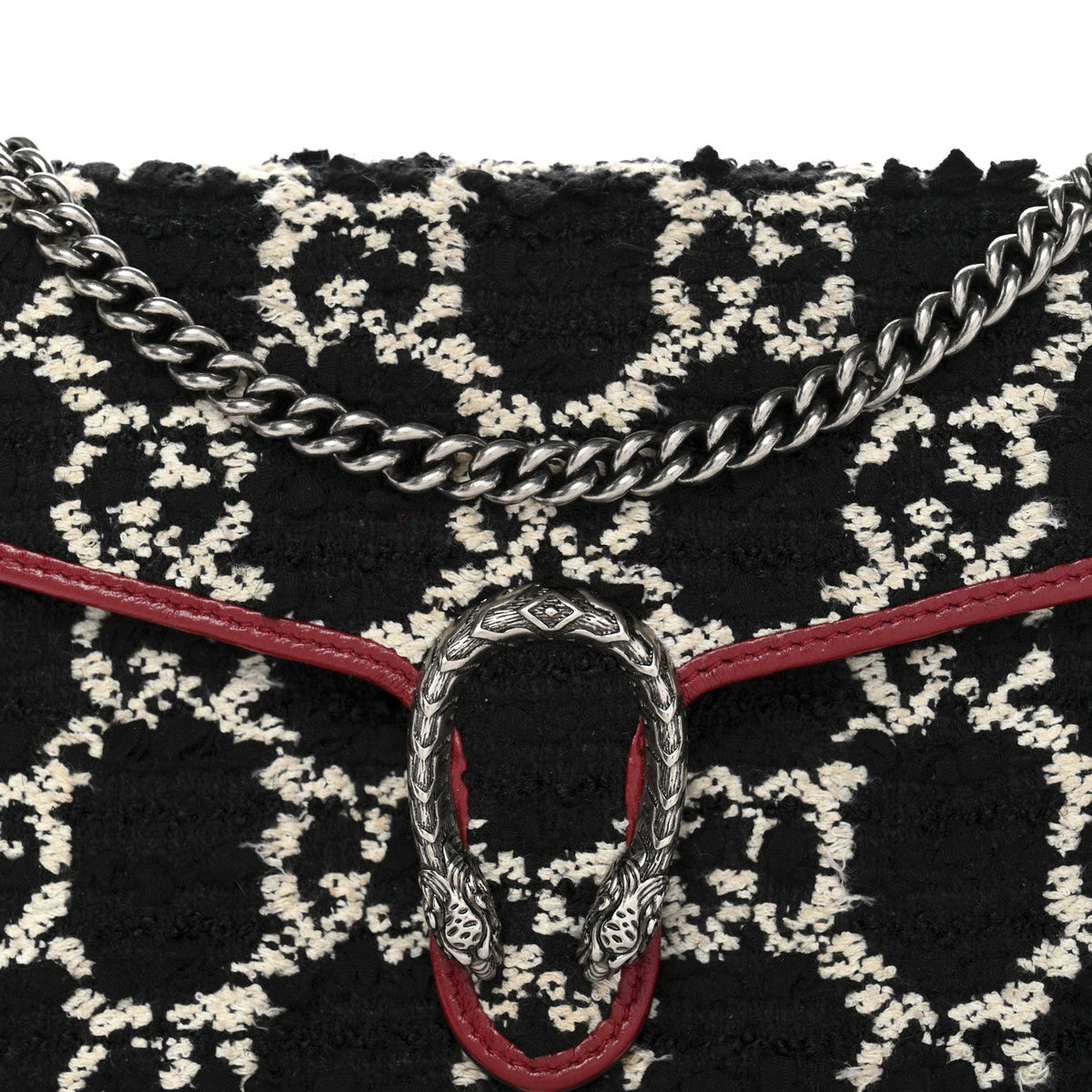 Tweed GG Monogram Mini Dionysus Chain Wallet Black White Romantic Cherry
